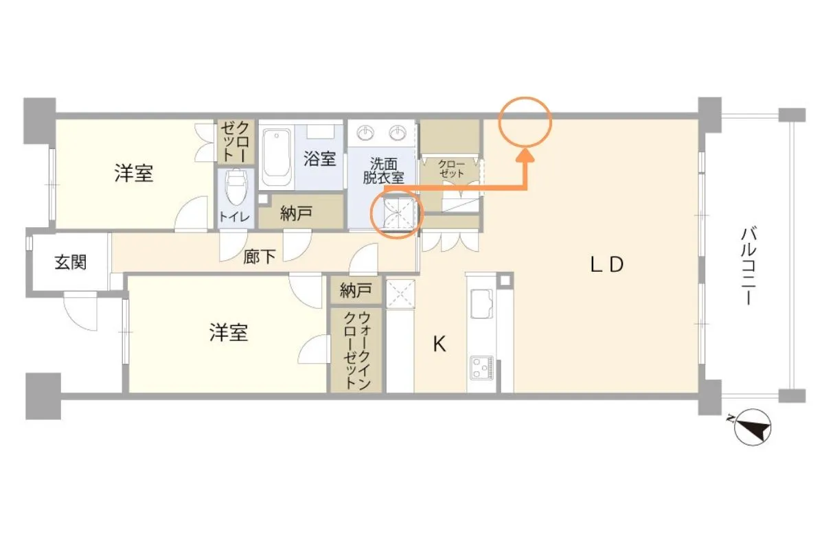 洗濯機から物干し場までの距離を短くした間取り